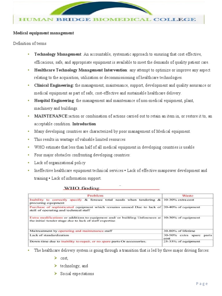 Medical Equipment Management Overview | PDF | Medical Device | Health Care