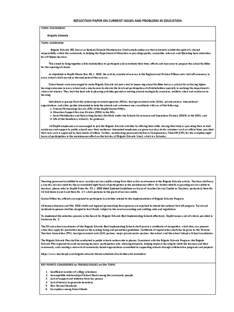 Reflection paper on current issues and problems in education pdf 