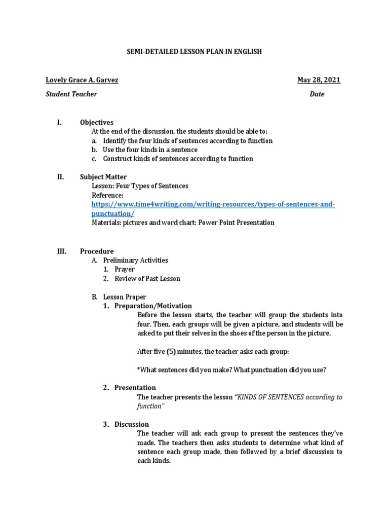 Lesson Plan 2 - Sentences and Its Functions | Download Free PDF ...