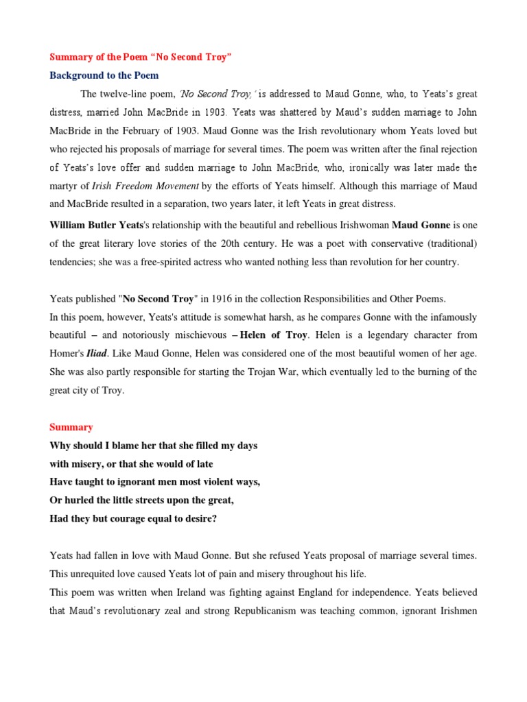 Summary of The Poem No Second Troy PDF