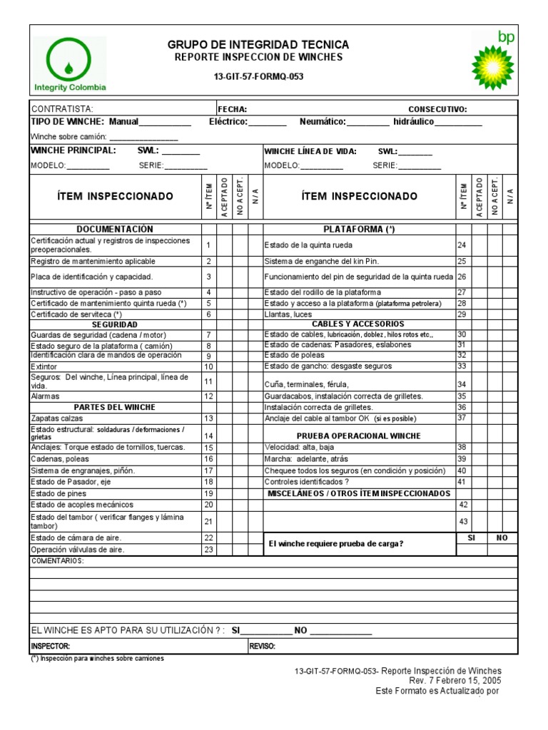 13GIT57 FORM Q 053 Reporte Inspeccion de Winches PDF Engranaje