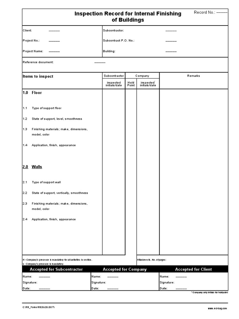 Inspection Record For Internal Finishing of Buildings: Items To Inspect ...
