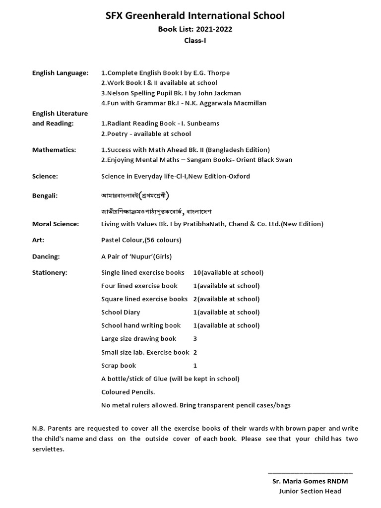 SFX Greenherald School Book List 2021-22 | PDF | Stationery ...
