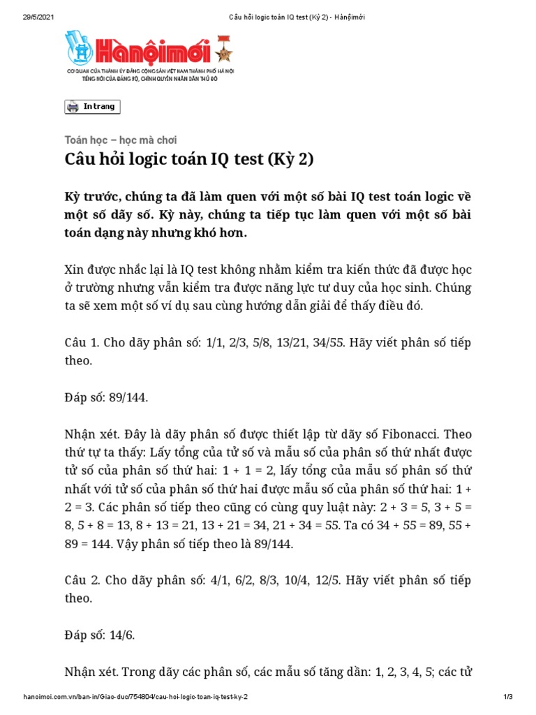Câu hỏi logic toán IQ test (Kỳ 2) - Hànộimới | PDF