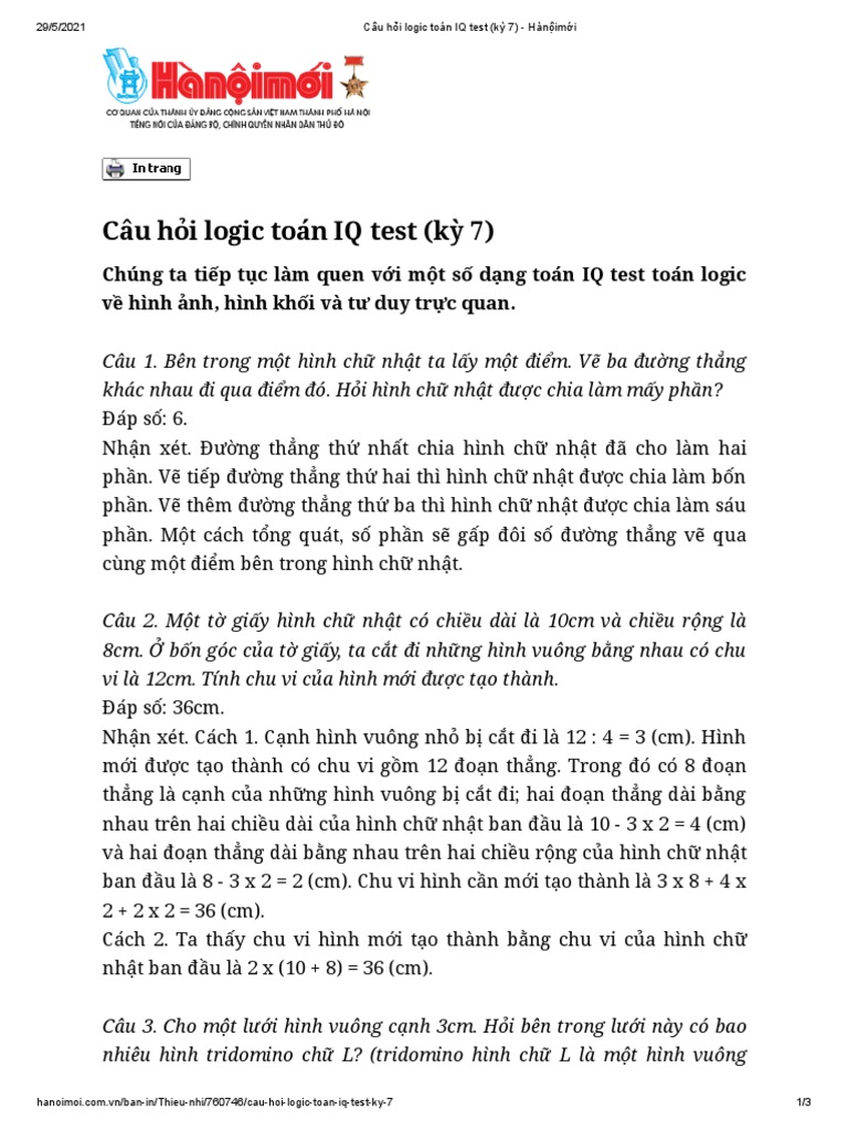 Câu hỏi logic toán IQ test (kỳ 7) - Hànộimới | PDF