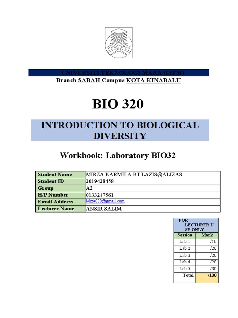 Workbook Laboratory BIO32 Universiti Teknologi Mara (Uitm) Branch