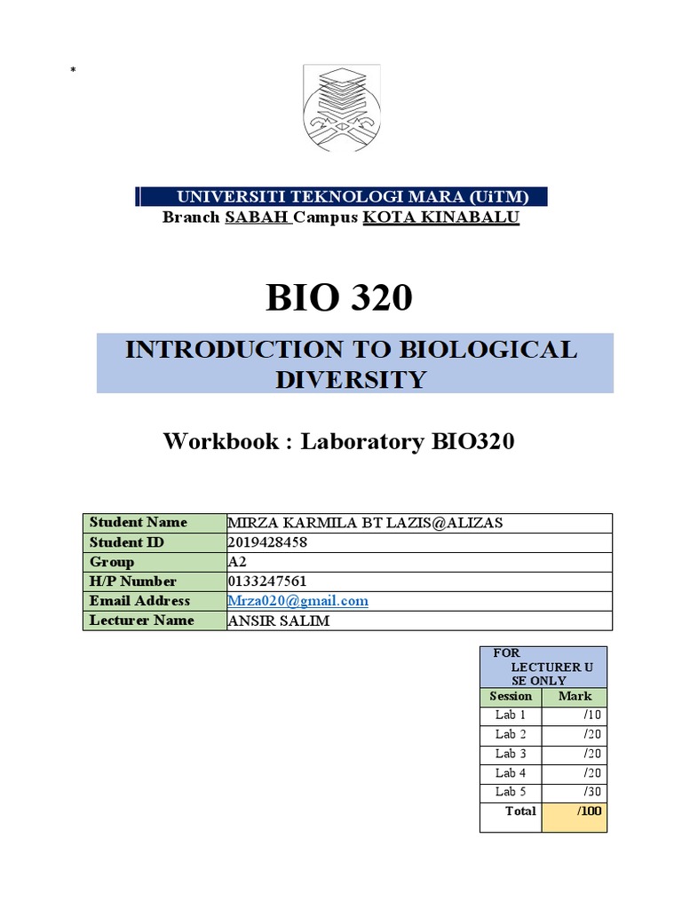 UiTM Sabah Campus Kota Kinabalu BIO320 Workbook Laboratory Session 3 on