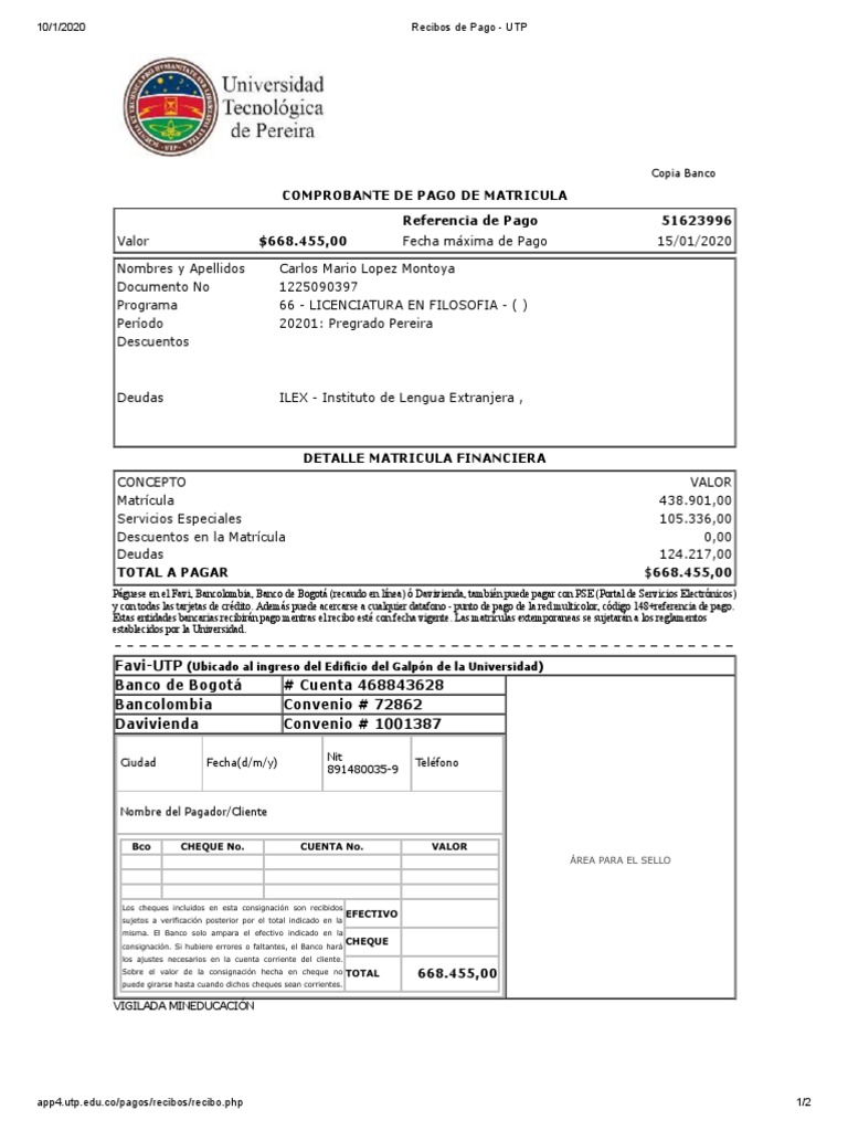 Recibo de Pago de Matrícula UTP | PDF | Cheque | Bancos
