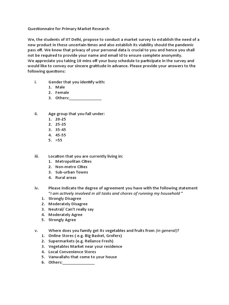 Questionnaire For Primary Market Research | PDF | Business | Wellness