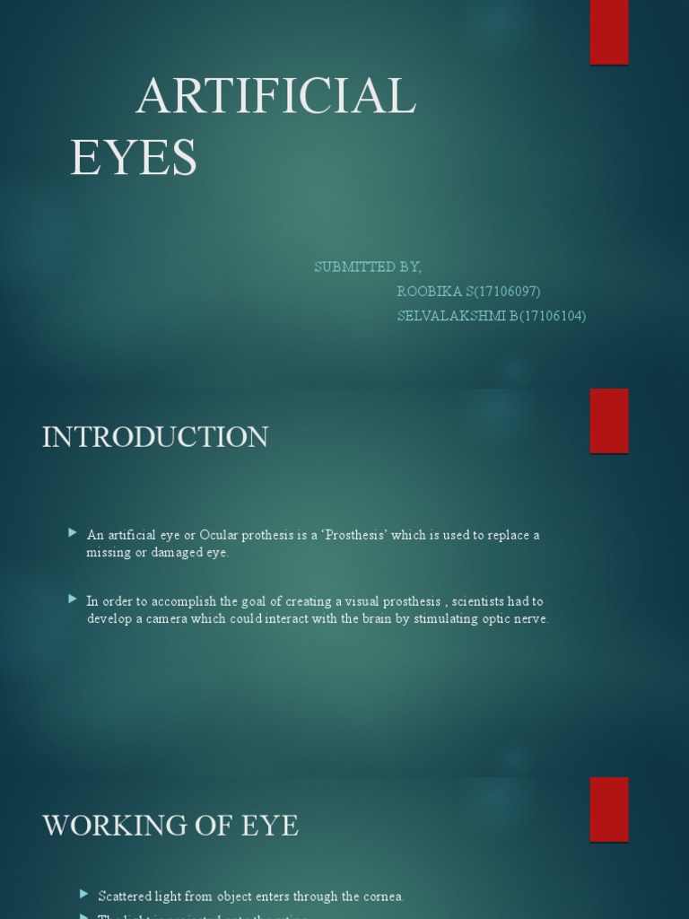Artificial Eyes Submitted By, ROOBIKA S (17106097) SELVALAKSHMI B