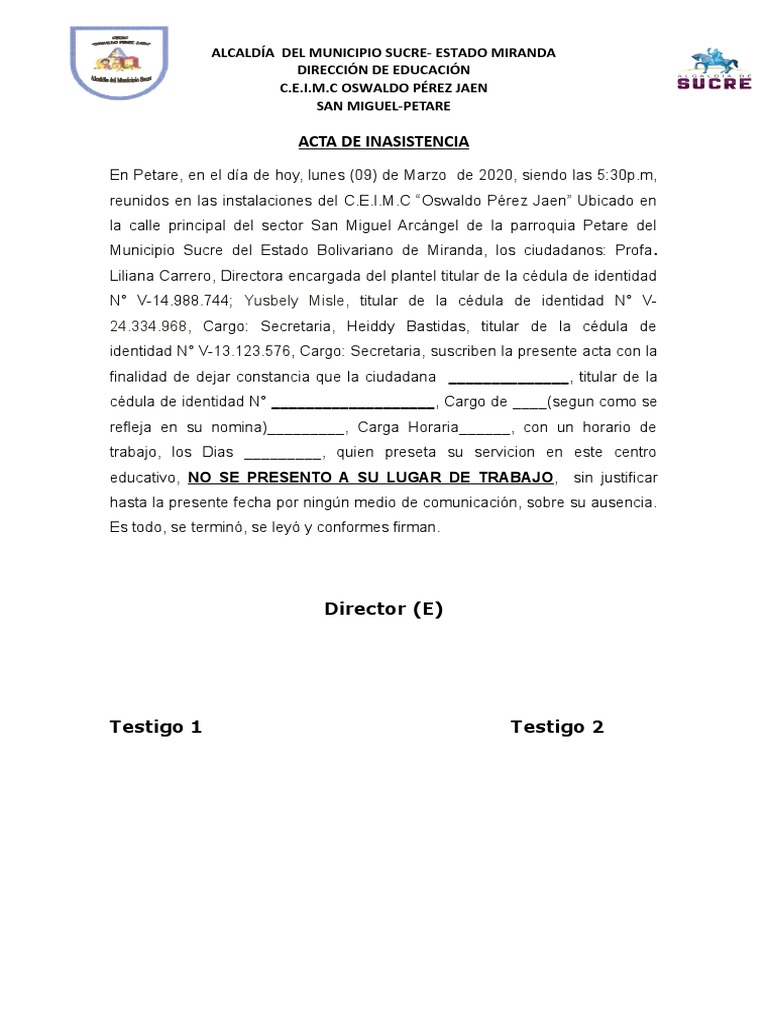 Modelo Acta de Inasistencia | PDF