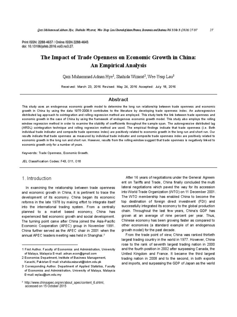The Impact of Trade Openness On Economic Growth in China - An Empirical ...