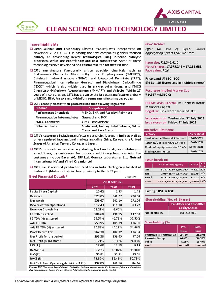 Clean Science and Technology Axis Capital IPO Note PDF Fine
