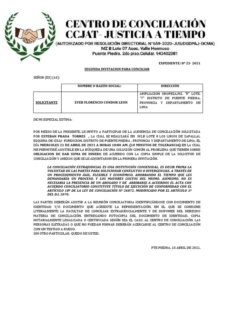 Convocatoria a Audiencia de Conciliación | PDF | Justicia | Crimen y ...