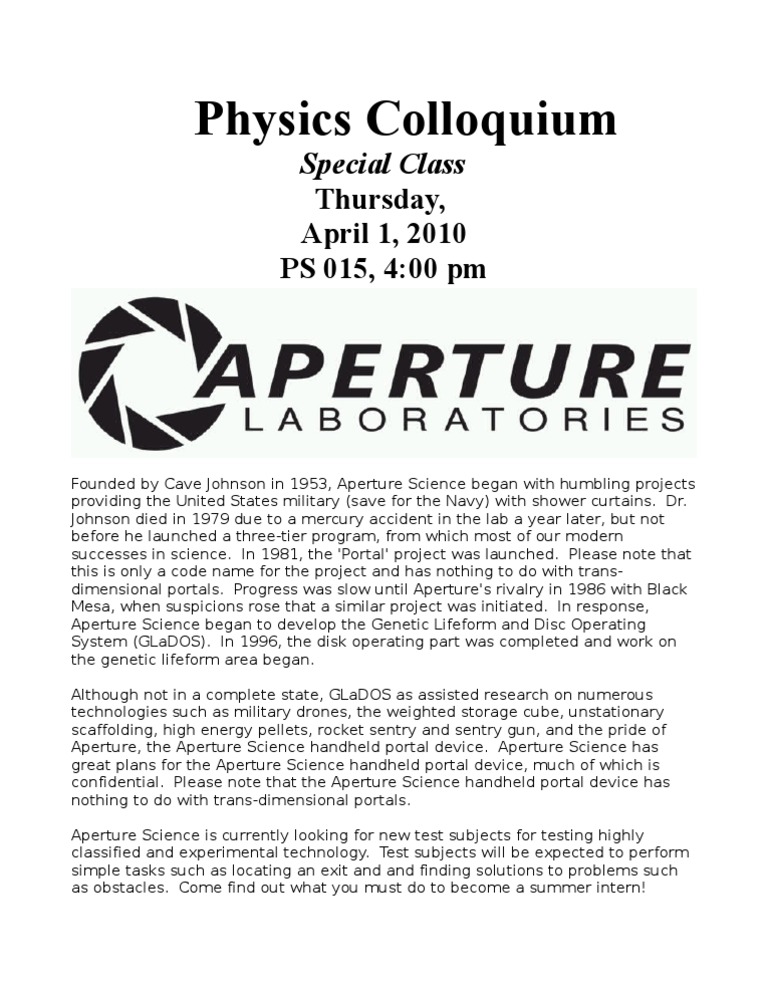 Aperture Science Internship Info Session | PDF