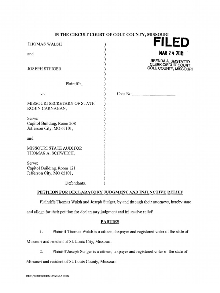 Filed In The Circuit Court Of Cole County, Missouri Declaratory Judgment Lawsuit