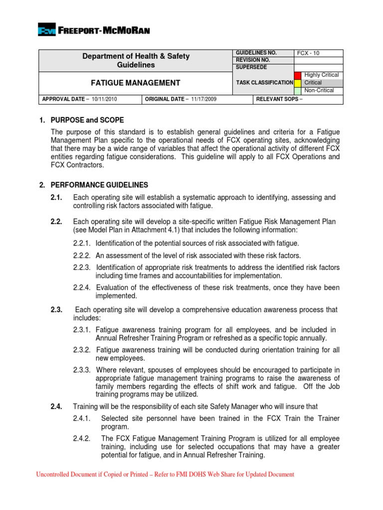 Fatigue Management Guidelines for FCX | PDF | Risk | Risk Management