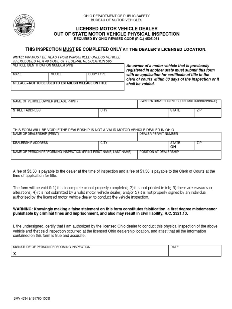 Licensed Motor Vehicle Dealer Out of State Motor Vehicle Physical