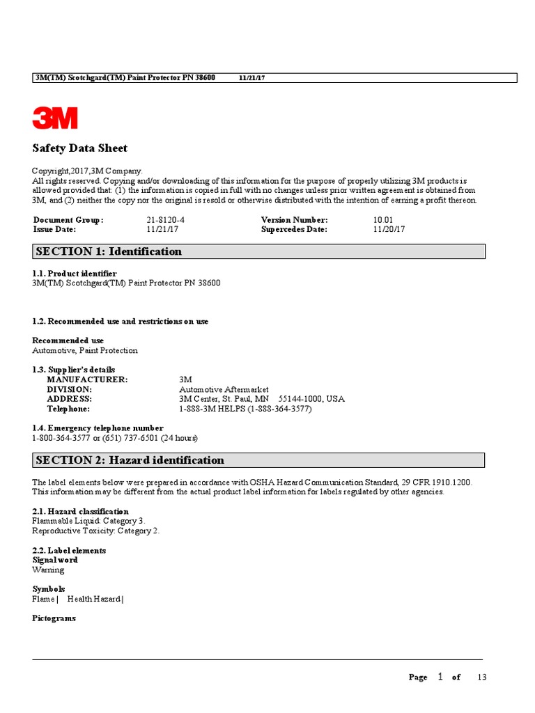 Safety Data Sheet 3M (TM) Scotchgard (TM) Paint Protector PN 38600