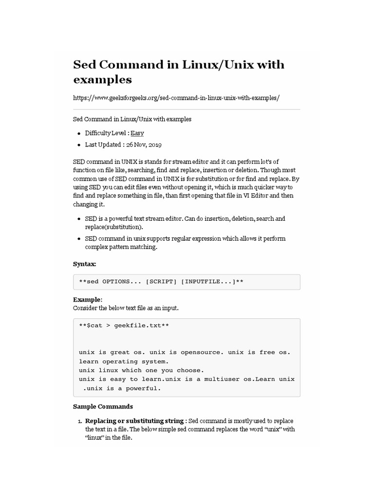 Sed Command in Linux/Unix With Examples: Syntax | PDF | Unix | Computer  Science