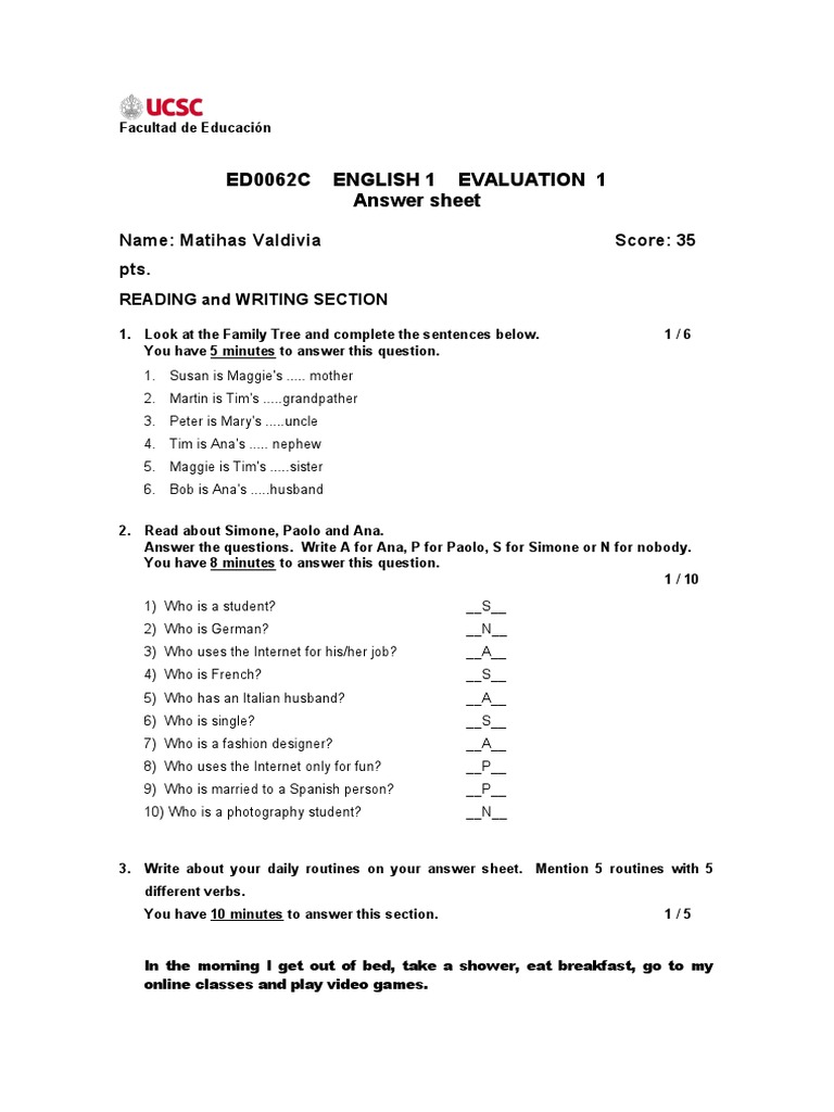 Ed0062C English 1 Evaluation 1 Answer Sheet: Name: Matihas Valdivia ...