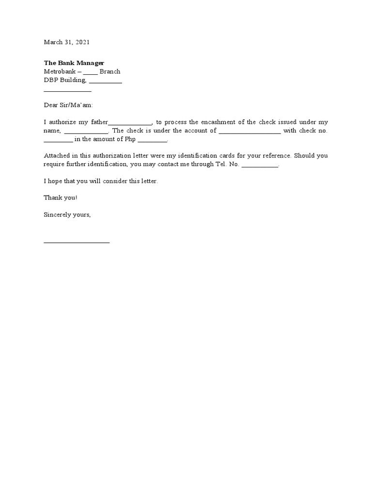 Authorization Letter for Check Encashment | PDF