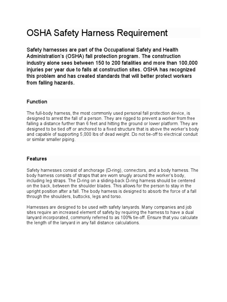 OSHA Safety Harness Requirement PDF Safety Equipment