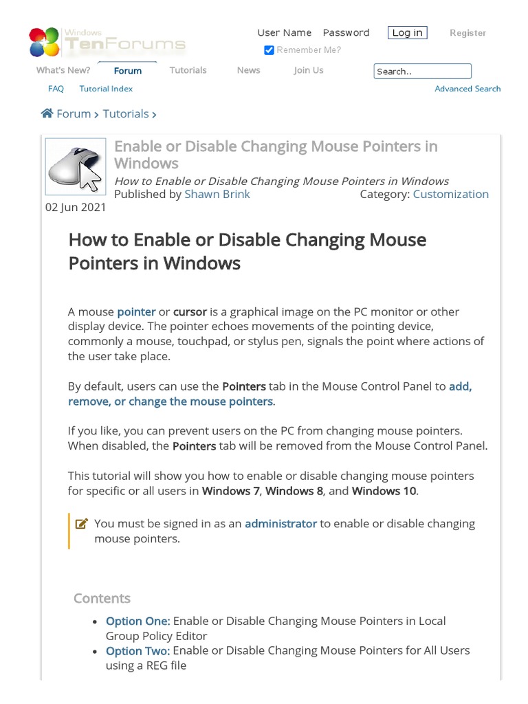 Enable or Disable Changing Mouse Pointers in Windows - Tutorials | PDF ...