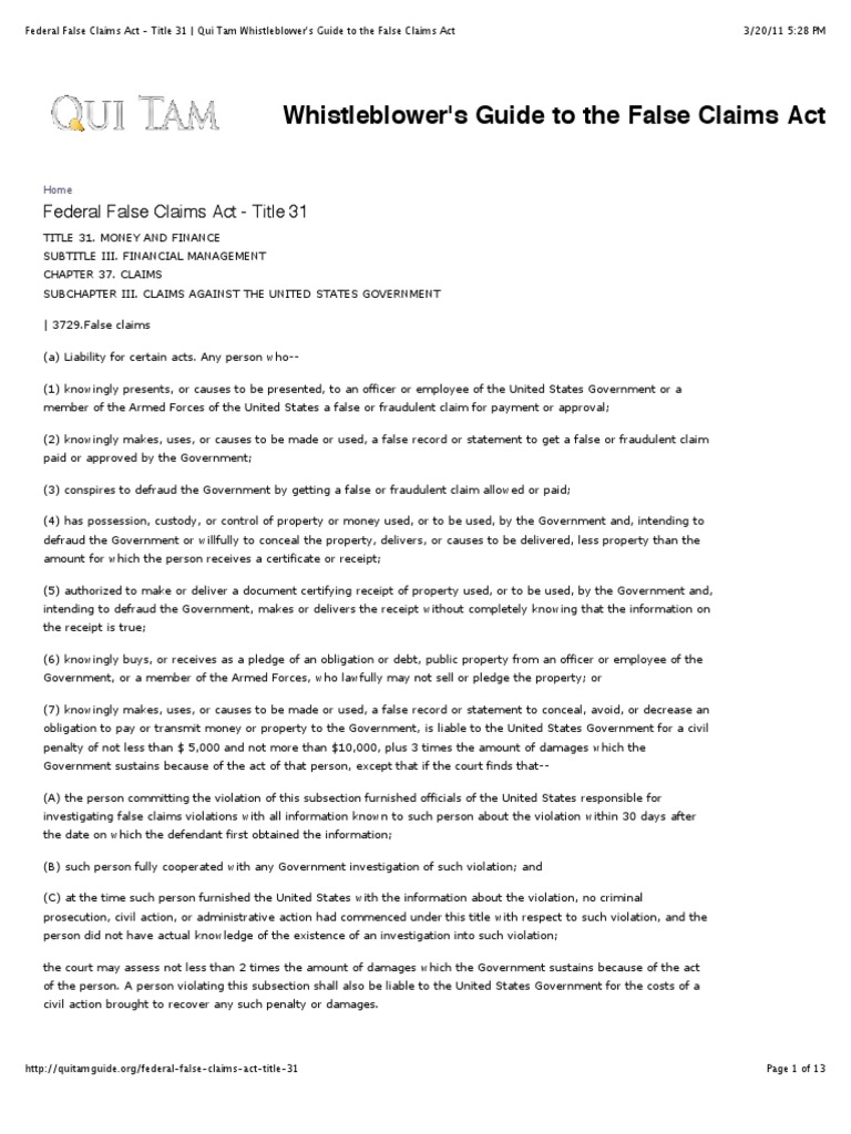 Federal False Claims Act Title 31 Qui Tam Whistleblower S Guide To