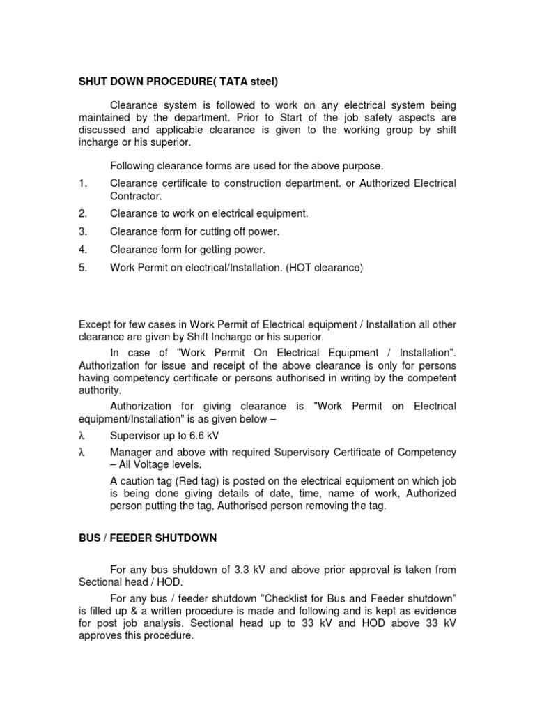 Electrical Shutdown Procedure Overview | PDF | Electrical Substation ...