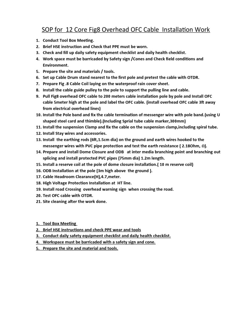 OFC Cable Installation SOP Guide | PDF | Manufactured Goods | Building ...