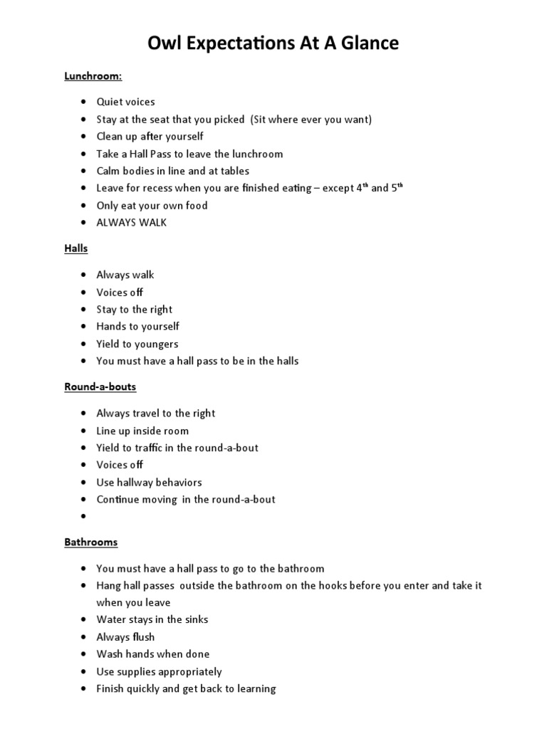 Owl Expectations for School Behavior | PDF | Language Arts & Discipline ...