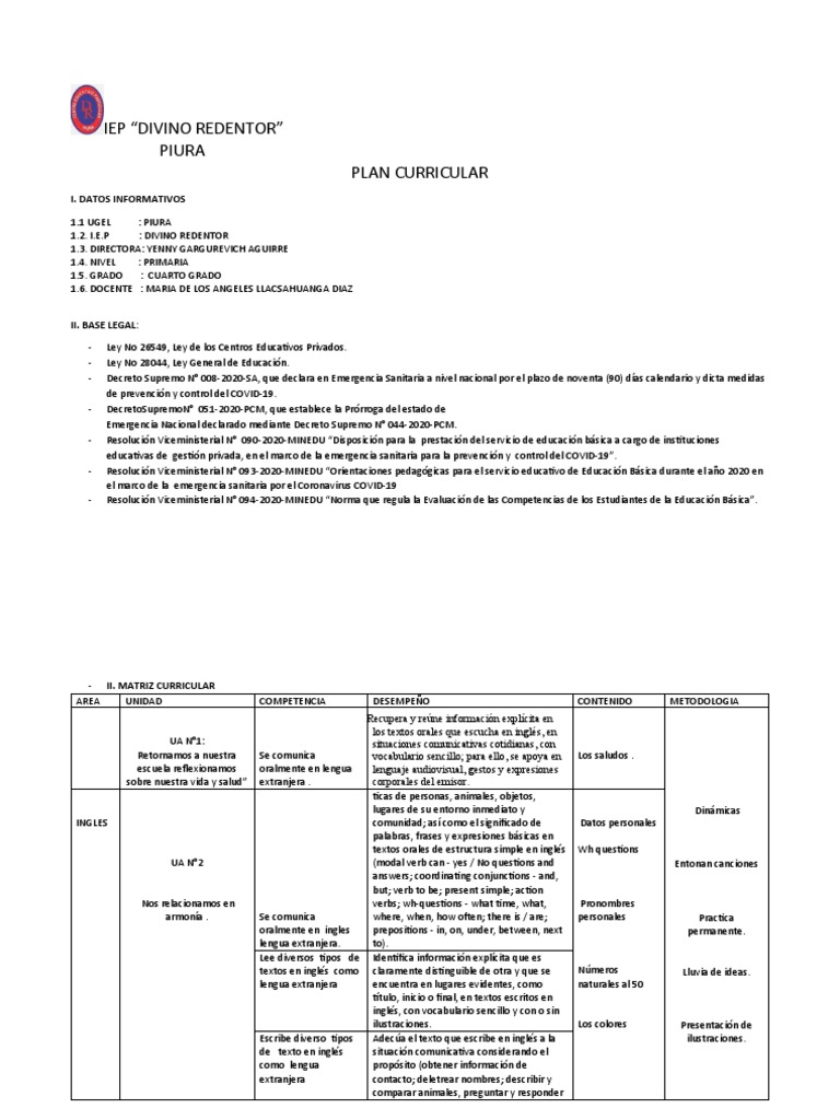 Plan Curricular IEP Divino Redentor Piura | PDF | Idioma en Inglés ...