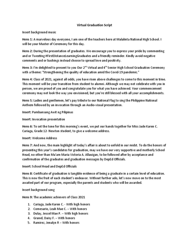 Virtual Graduation Ceremony Script 2021 | PDF | Wellness