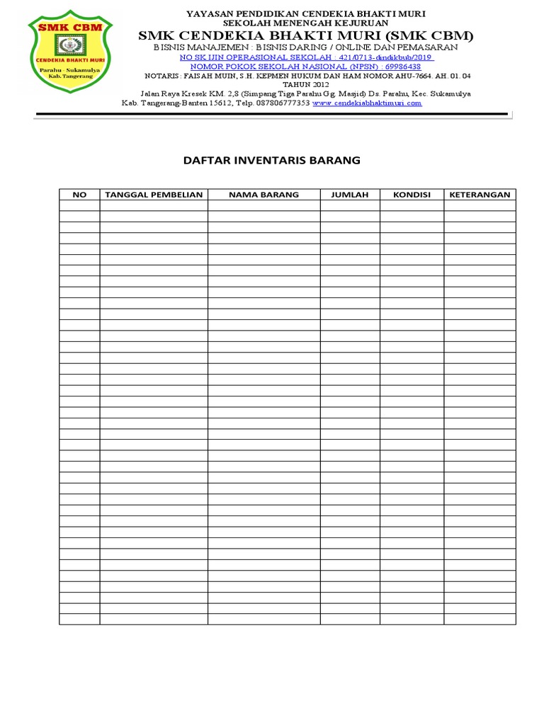 Format Inventaris SMK Cendekia Bhakti Muri | PDF