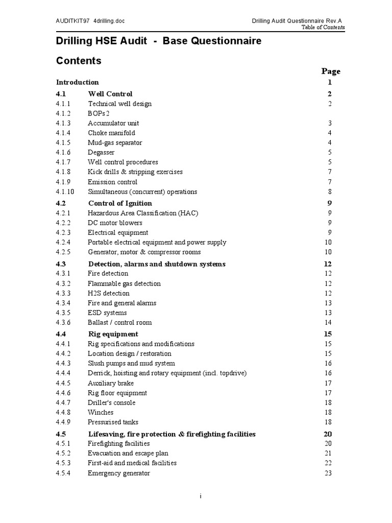 Drilling HSE Audit Questionnaire Guide | PDF | Casing (Borehole) | Pump