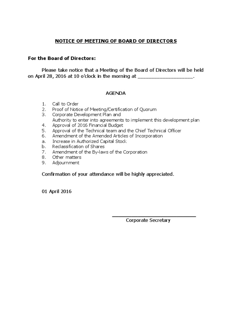 Sample Notice of Board Meeting PDF