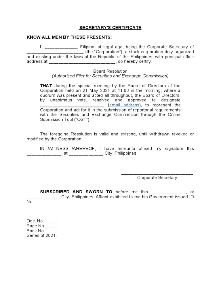 SAMPLE Secretary Certificate - SEC OST Enrollment  PDF  Finance