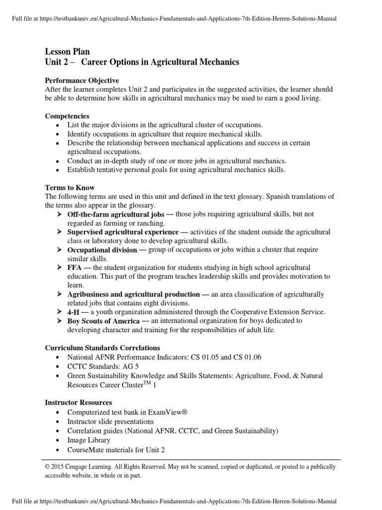 Lesson Plan Unit 2 Career Options in Agricultural Mechanics PDF