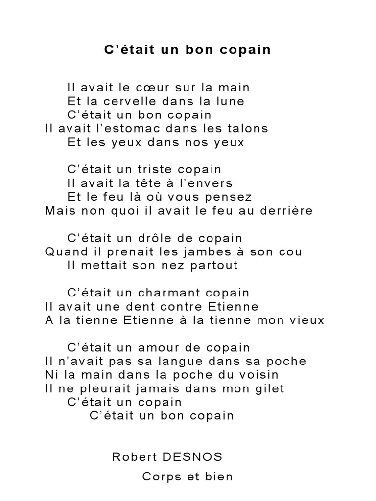 Poésie sur un bon copain de Desnos | PDF | Arts du langage et ...
