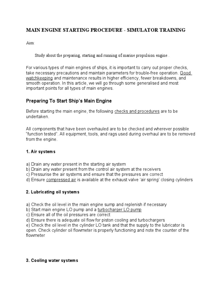 Main Engine Starting Procedure Guide | PDF | Turbocharger | Pump