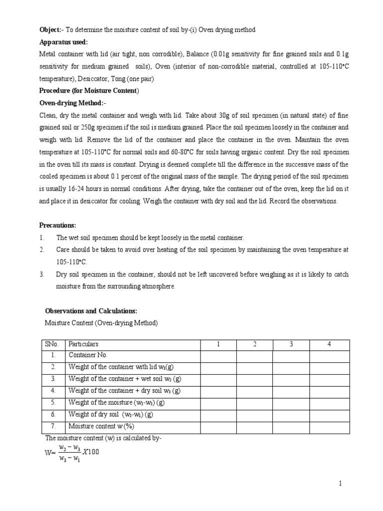 Object:-To Determine The Moisture Content of Soil by - (I) Oven Drying ...