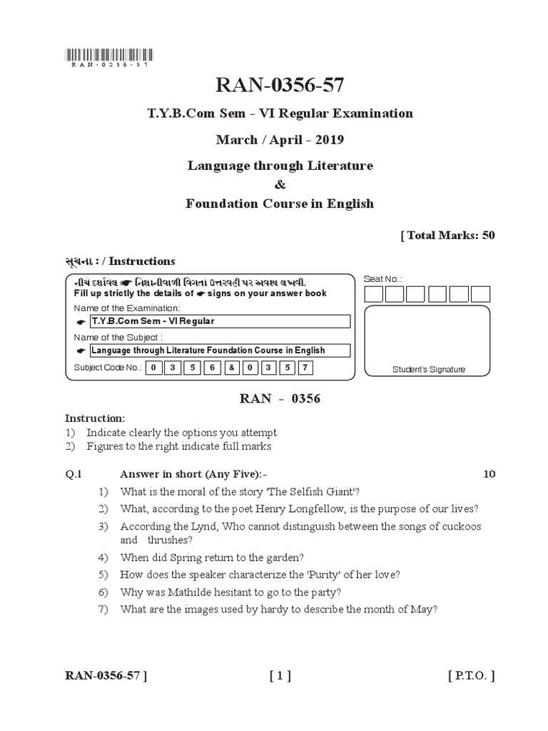 Sem VI March April 2019 Language Through Literature