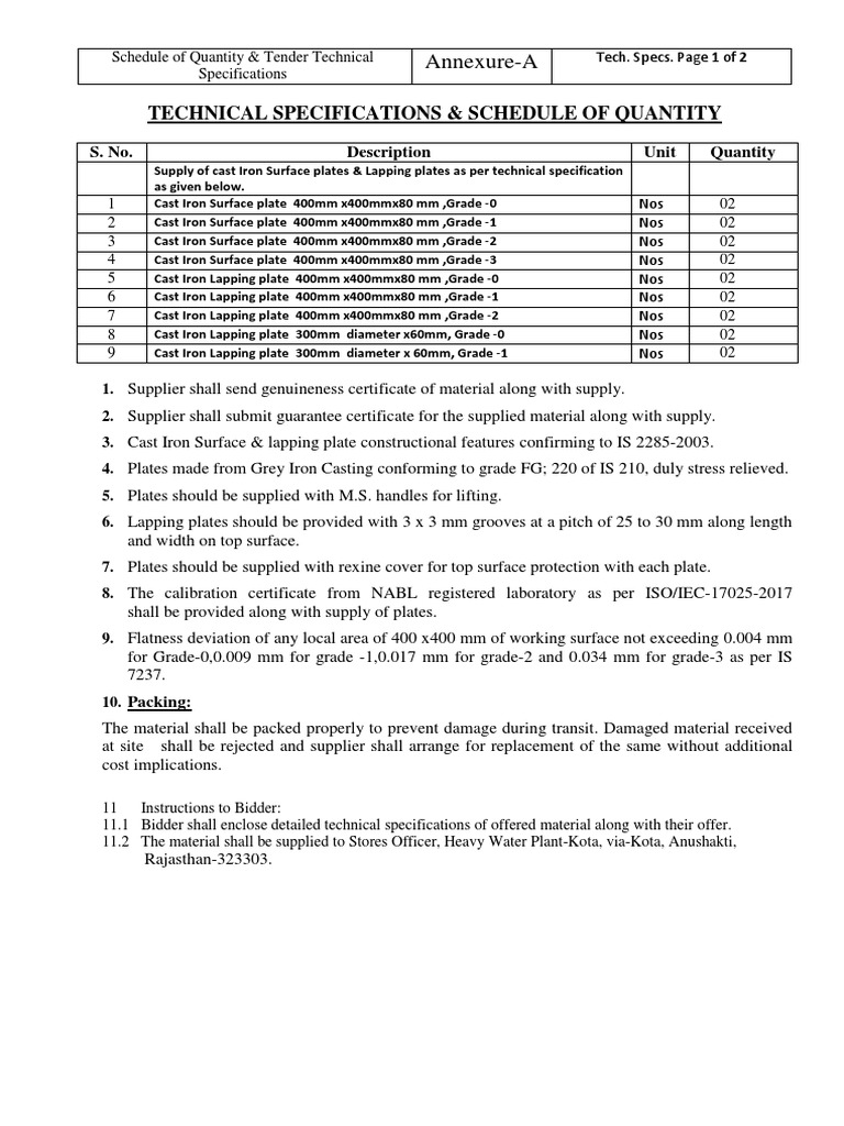 Technical Specifications & Schedule of Quantity: Annexure-A | PDF ...