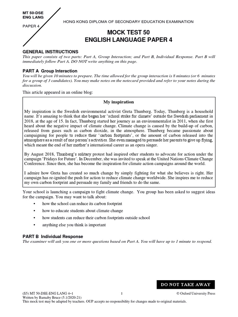 Mock Test 50 English Language Paper 4: General Instructions | PDF ...