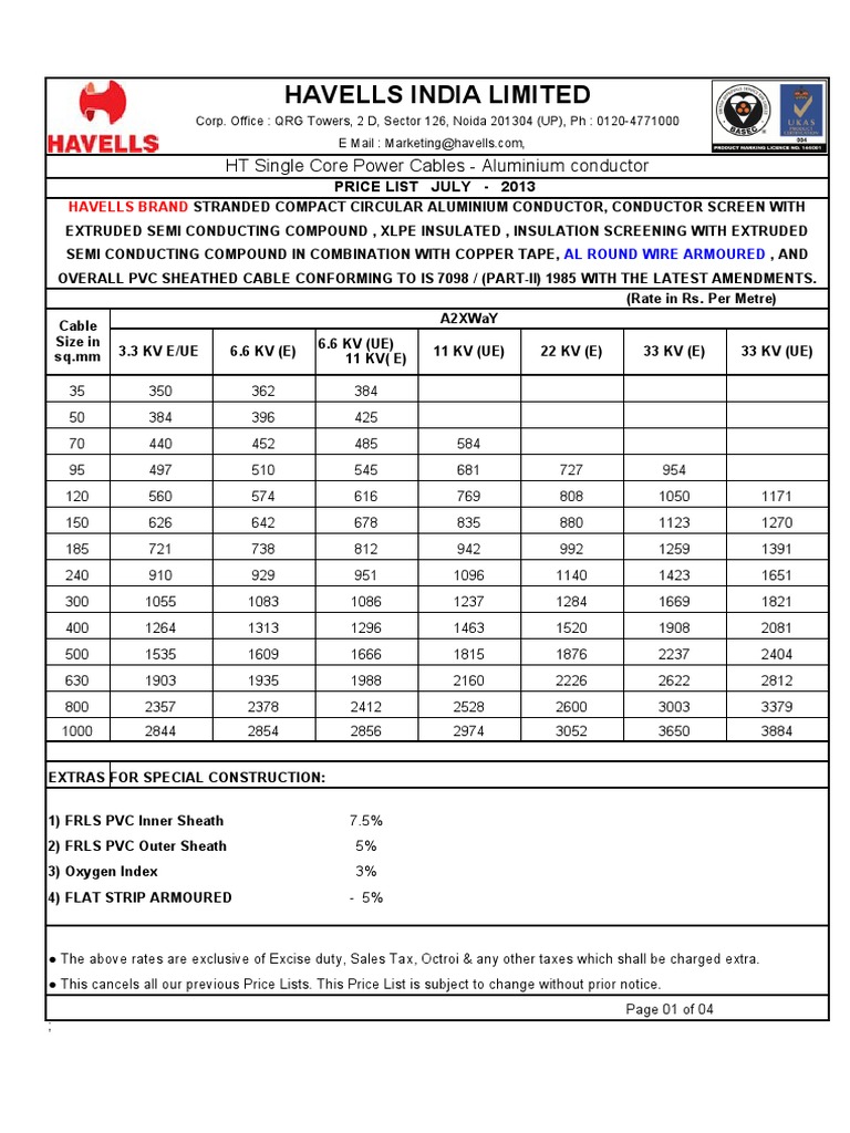 Havells India Limited HT and LT Power Cable Price List for July 2013