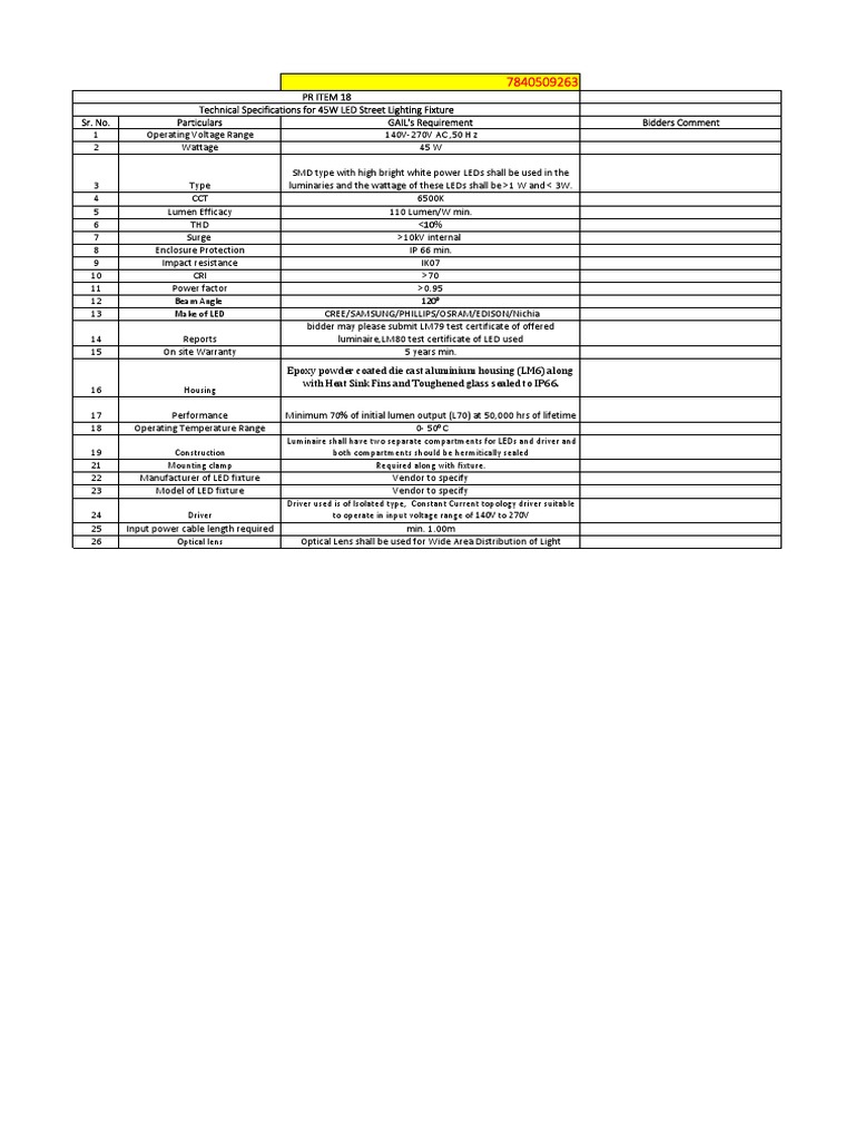 45W LED Street Light Specifications | PDF | Electromagnetism | Electricity