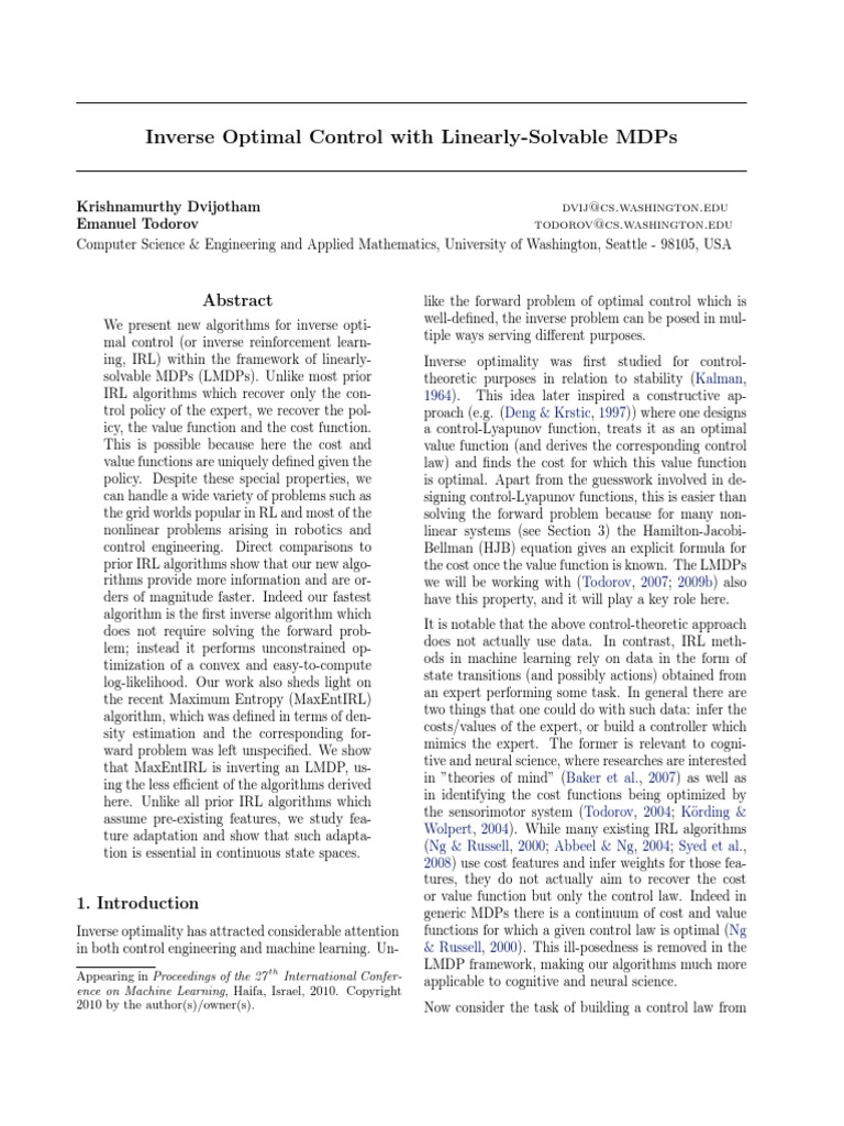 Inverse Optimal Control With Linearly-Solvable MDPs | PDF | Optimal ...