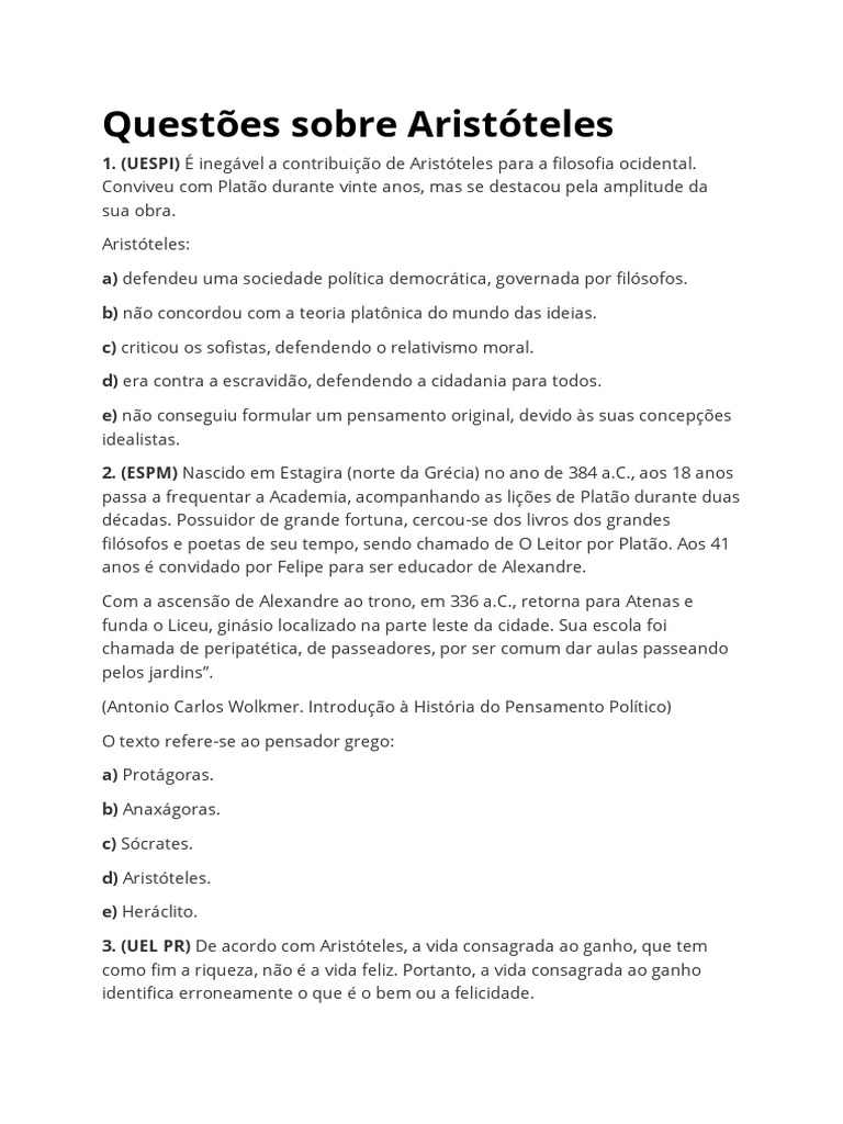 Questões Sobre Aristóteles | PDF | Aristóteles | Causalidade