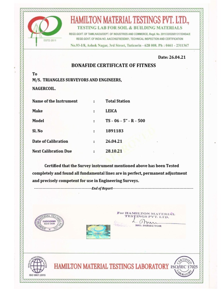 SAV Total Station Calibration Certificate 2019 PDF